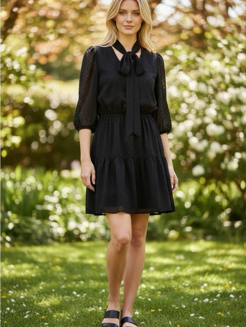 Nanette Lepore Black Tie-Neck Tiered Mini Dress